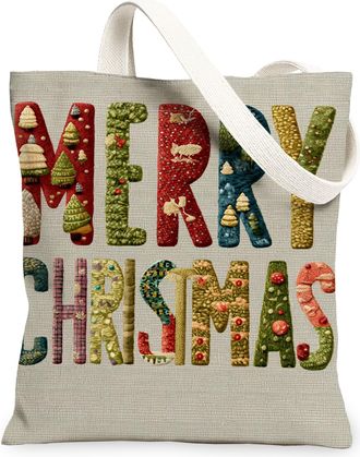 Generic Christmas Canvas Tote Bags, Holiday Letter Print Reusable Shopping Bags, Winter Rustic Lightweight Washable Shoulder Strap, Multicolor, 13x15 Inch