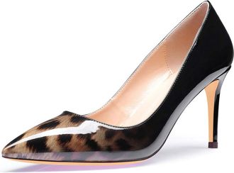 Castamere Pointed Toe High Heels Womens Stiletto Slip-On Court Shoes 3.3IN Heels Black Leopard Patent Shoes UK 8