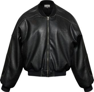 Maison Margiela Cropped Black Faux Leather Sports Jacket with Ribbed Detailing