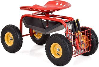 Costway Costway - Asiento De Jard&iacute;n Con Ruedas, Taburete M&oacute;vil De Trabajo De Jardiner&iacute;a Con Altura Ajustable Y Asiento Giratorio De 360&deg;, Cesta De Almacenamie