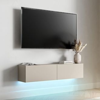 Dmora Mueble Para Tv Mocogno, Un Estante, 2 Puertas, Led Incluido, 144x32x32h Cm Beige