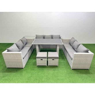 Fimous Patio Outdoor Garden Furniture Sets with Black Glass Top Dining Table 3 Seater Sofa Side Table 2 Small Stool Light Grey - Fimous