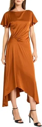 Maggy London Short Sleeve Asymmetric Hem Satin Midi Dress in Fired Brick at Nordstrom Rack, Size 10