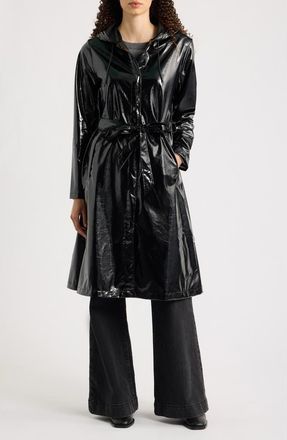 Rains Waterproof A-Line Long Raincoat in Crackl Black at Nordstrom, Size X-Large