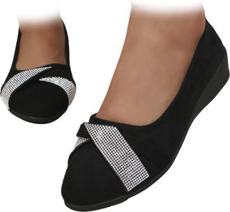 Generic Womens Lightweight Rhinestone Orthopaedic Wedge Shoes Sparkly Glitter Slip on Casual Round Toe Ballet Flat with Bow (Black,40.5EU)