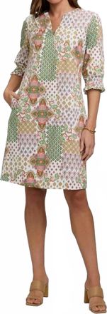Foxcroft Alicia Patchwork Medallion 3/4 Sleeve Dress In Green Multi