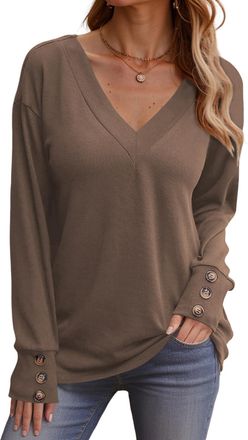 Dokotoo Womens Blouses Shirts Casual Womens Pullover Tops Long Sleeve T-Shirts for Women Lightweight V Neck Solid Tunic Top Loose Fit Tshirts Ladies Blouse Co