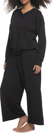 Felina Kimora Relaxed Fit Wide Leg Stretch Cotton Blend French Terry Pajamas in Black at Nordstrom, Size X-Large