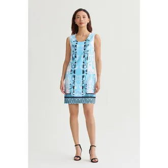 Ming Wang Filigree Printed Lined Stretch Deco Crepe Sheath Dress in Serene/white/black at Nordstrom, Size X-Small