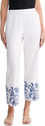 Jones New York Embroidered Hem Crop Linen Blend Pants in Blue Horizon at Nordstrom, Size X-Small