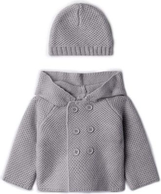 Lux Cozy Knit Button-Front Hooded Jacket and Matching Hat Set in Dove Grey Mix at Nordstrom, Size 24M