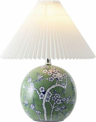Jonathan Y Designs Shishen Cottage Classic Chinoiserie Ceramic Orb LED Table Lamp with Pleated Shade in Green/white at Nordstrom