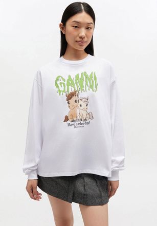 Ganni White Graphic Cotton Long-sleeve Top - Size XXS Organic