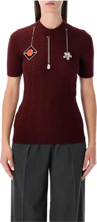 Prada Round-neck Knitwear, female, Red, Size: S Wool Sweater with Jewel Pendants