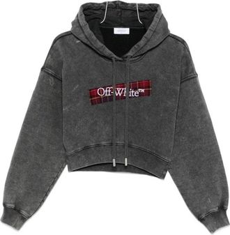 Off-white Cropped Black Hoodie With Red Tartan Patch