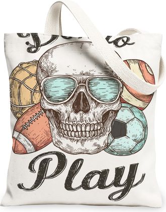 Generic Skull Sports Canvas Tote Bags, Vintage Athletic Design Reusable Grocery Bags, Summer Lightweight Washable Canvas for Gym Tr, White, 13x15 Inch