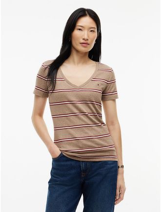 Tommy Hilfiger Womens Striped V-Neck Favorite T-Shirt - Dark Beige - XXL