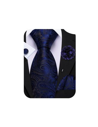 Barry.Wang Navy Tie 63 Paisley Silk Ties Set Pocket Square Cufflinks and Lapel Pin Extra Long Necktie Wedding Party