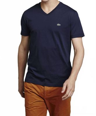Lacoste Short Sleeve V-Neck Pima Jersey T-Shirt In Navy