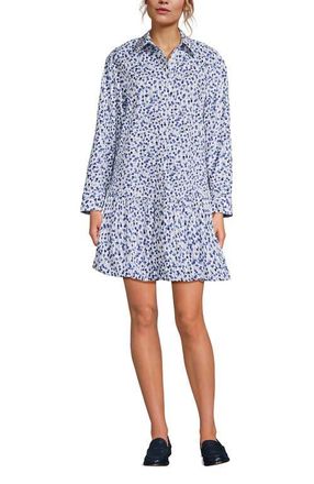 Lands End Flounce Button Front Shirt Dress in Blue Floral/white at Nordstrom, Size Xx-Small