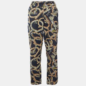 Ferragamo Navy Blue Floral Gancini Print Denim Straight Jeans