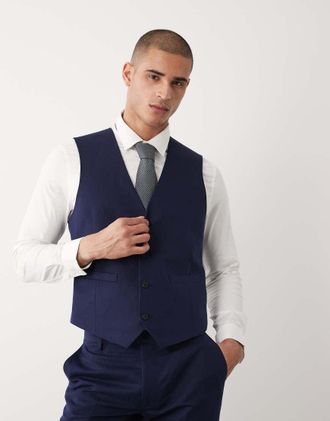 Asos Gilet da abito in twill di misto lino blu navy