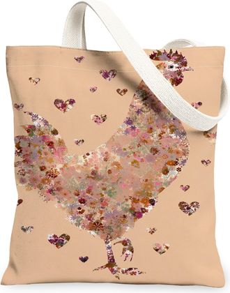 Generic Floral Chicken Canvas Tote Bags, Heart Pattern Reusable Grocery Bags, Vintage Lightweight Washable Shoulder Strap Canvas Fo, Beige, 13x15 Inch