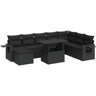 vidaXL Set De Sof&aacute;s De Jard&iacute;n Con Cojines 9 Pzas Rat&aacute;n Sint&eacute;tico Negro