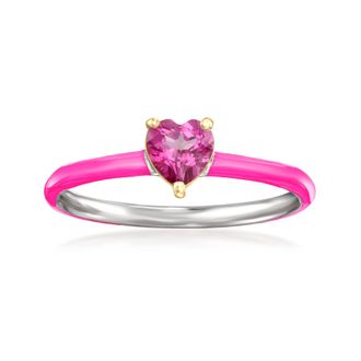 RS Pure by Ross-Simons Pink Topaz Heart Ring With Single Diamond and Pink Enamel in Sterling Silver and 14kt Yellow Gold