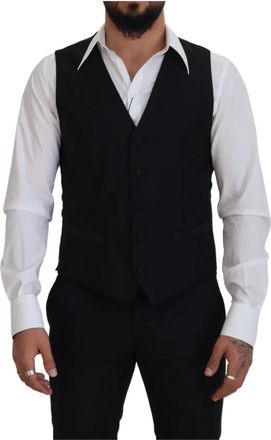 Dolce & Gabbana Elegante Zwarte Single-Breasted Jurk Vest - Heren - Gillet - Zwart - L - Wol - Kostuums
