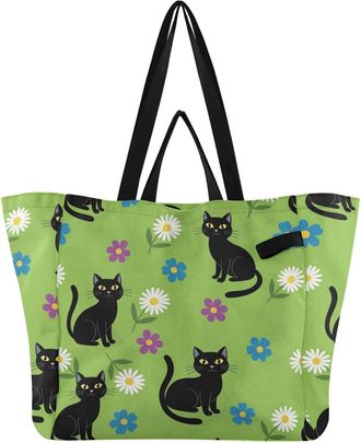 Generic Cats Flower Green pattern Reusable Canvas Tote Bag, Heavy Duty Grocery Shopping Bag with Hard Bottom Large Capacity Double Handles Work Groceries Trav