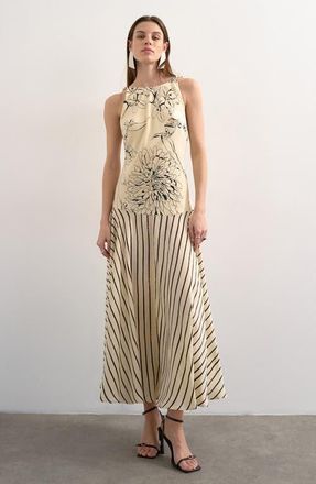 Topshop Beaded Strap Mixed Print Maxi Dress in Ivory at Nordstrom, Size 14 Us