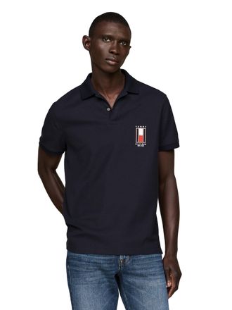 Tommy Hilfiger Mens Short Sleeve Casual Polo Shirts in Regular Fit with Stretch and Vertical Logo Designs, Desert Sky, Medium