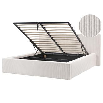 Beliani Cama Tapizada De Pana 160 X 200 Cm Con Almacenaje Somier Elevable Beige Claro Lillebonne
