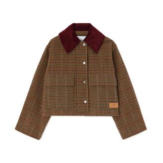 Ganni Heavy Check Twill Short Barn Jacket - Dames - Jassen - Bruin - Maat: S Wol