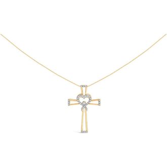 House of Brilliance 14K Yellow Gold Plated Silver 1/6 Cttw Diamond Heart and Ribbon Cross Pendant at Nordstrom