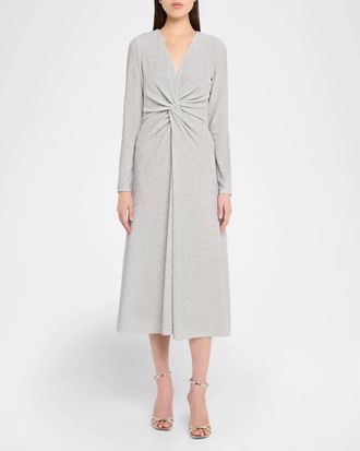 Prabal Gurung Twist Front Long Sleeve Sparkle Dress In Silver