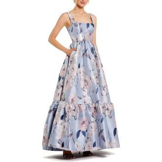 Mac Duggal Womens Floral Brocade Scoop Neck Sleeveless A-Line Gown in Blue Multi at Nordstrom, Size 12