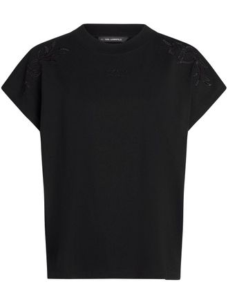 Karl Lagerfeld orchid-embroidered T-shirt - women - Organic Cotton - M - Black