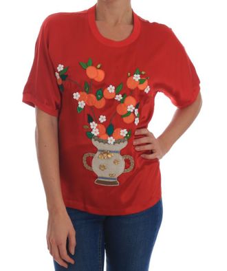 Dolce & Gabbana Dames Rode Zijde Sinaasappel Bloemen Kristallen Blouse