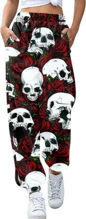 Generic Womens Skull Printed Sweatpants Fashion Casual Retro Sports Trousers Tracksuit Baggy Wide Leg Joggers for Women UK Elastic Waisted Slacks Loose Sports