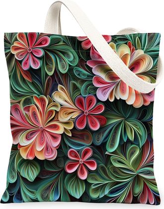 Generic Spring Quilting Paper Geranium Flower Canvas Tote Bag for Shopping 13x15, Floral Wildflower Reusable Grocery Print Bag for Women Men, Garden Aesthetic