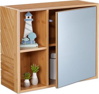 Relaxdays Mueble Ba&ntilde;o Con Espejo, 2 Compartimentos Abiertos, Puerta A Presi&oacute;n, 45x54,5x20 Cm, Armario Colgante, Natural - Relaxdays