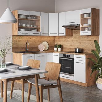 Vicco Cocina Esquinera Fame-line, Blanco Brillo Intenso/roble Dorado, 160 X 60 Cm Sin Encimera