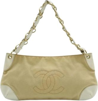 Chanel Pre-owned Shoulder Bags, female, Beige, Size: ONE SIZE Pre-owned Coco Mark Canvas Leather Shoulder Bag