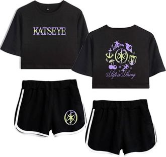 Generic Katseye Merch Soft is Strong Katseye Touch Tops Women Midriff-Baring Fitted Crop Sets Gym Shirt Short Pants (2,XXL)