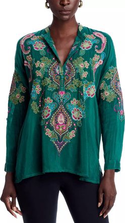 Johnny Was Womens Audrey Mandarin Collar Blouse In Emerald Green