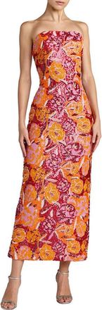 Mac Duggal Strapless Floral Sequin Midi Dress in Tangerine Multi at Nordstrom, Size 12