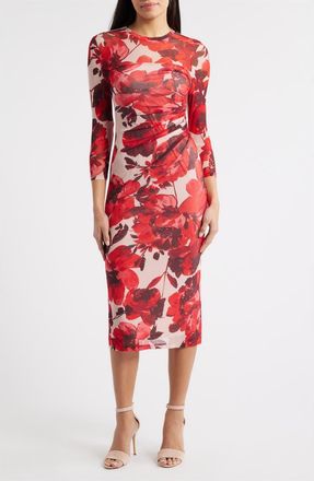 Anne Klein Side Ruched Long Sleeve Midi Dress in Rose Mist Multi at Nordstrom, Size X-Small