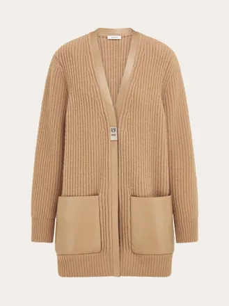 Ferragamo Women Longline cardigan with leather trims Beige